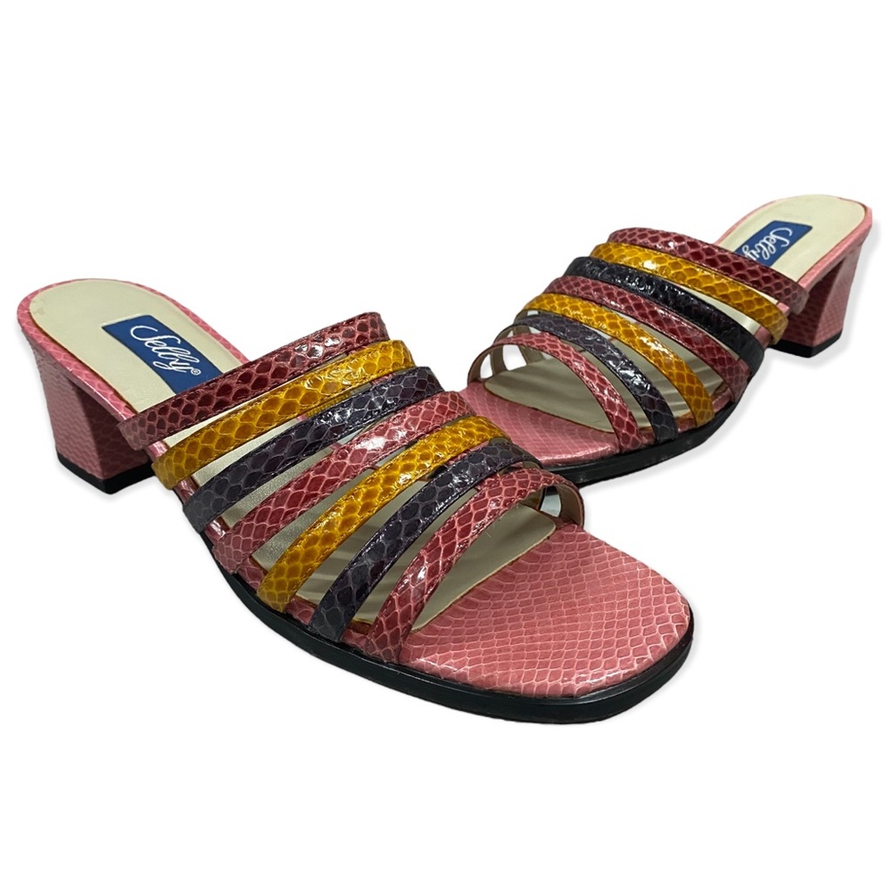 Selly - Leather - Pink/Purple/Gold - Slip On Chunky Low Heels - Size 8 Narrow